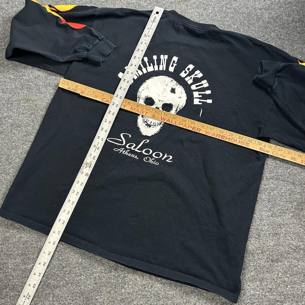 Smiling Skull Saloon Shirt Mens XL Black Flame Sleeve Biker Athens OH Graphic - Picture 5 of 5